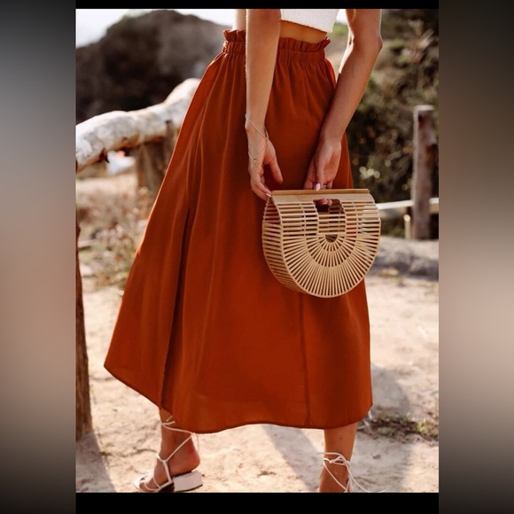 SHEIN Paper Bag Waist Split Thigh Knot Front Skirt. Burnt Orange. Size Small - Picture 4 of 9